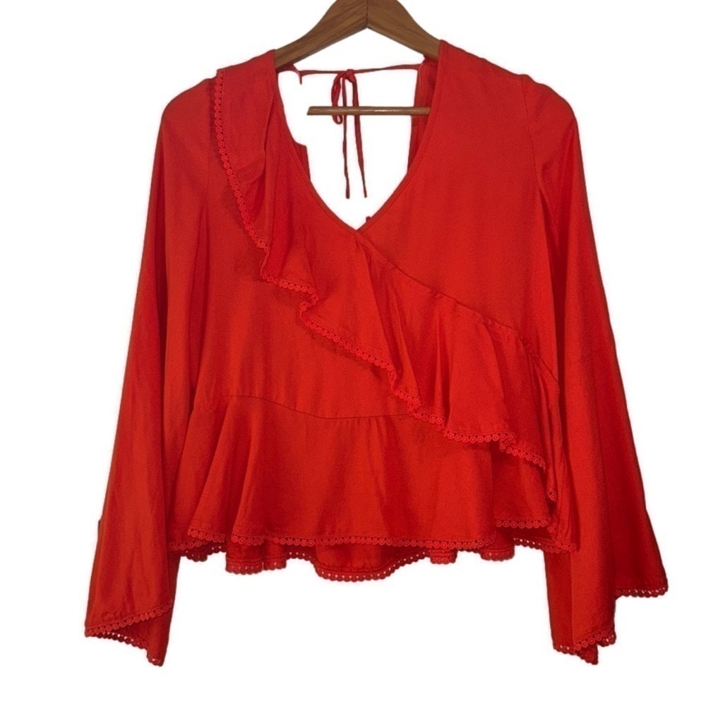Cupcakes and cashmere coral orange ruffle top loose flowy crochet trim blouse